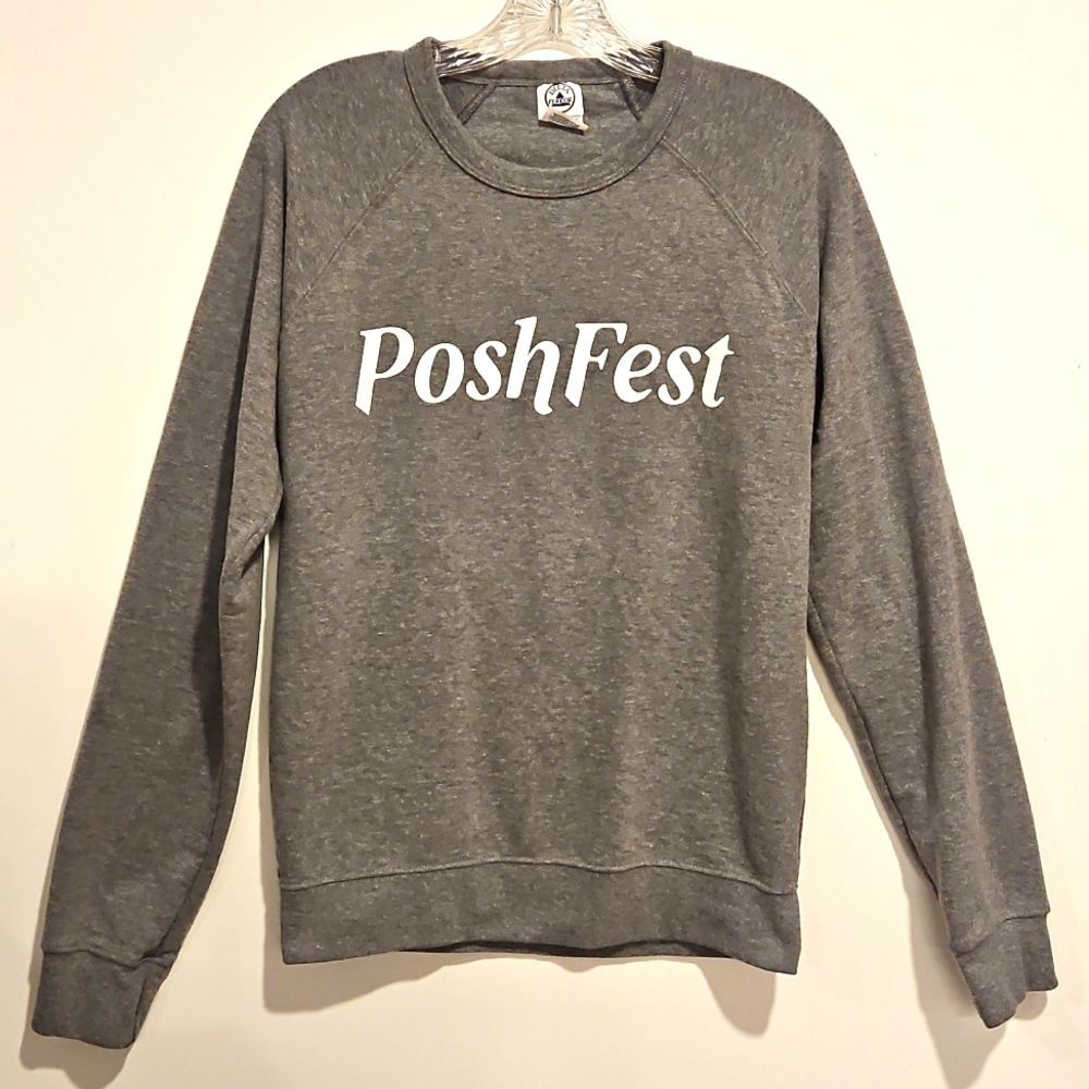 PoshFest POSHMARK gray fleece long sleeve sweatshirt Med. promo logo swag